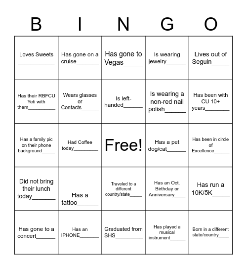 Employee Scavenger Hunt BINGO Card