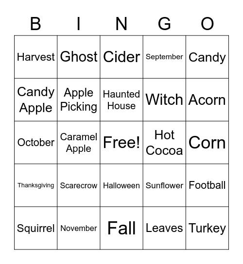 Davies L&H Fall BINGO Card