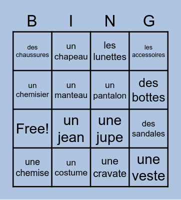French Clothing and Accessories Bingo Card