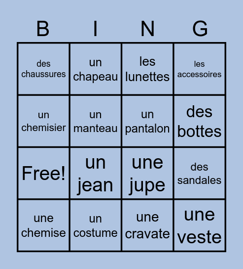 French Clothing and Accessories Bingo Card