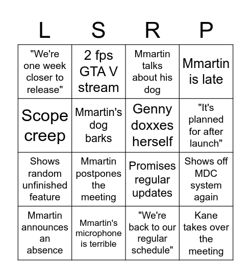 LS-RP Development Update Bingo Card