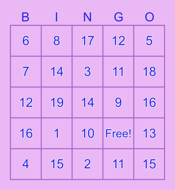 Numbers 1-19! Bingo Card