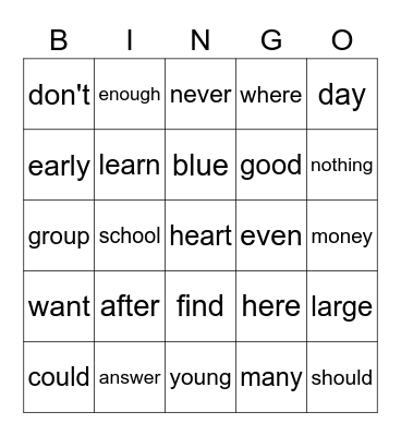 Sight Word Bingo Card