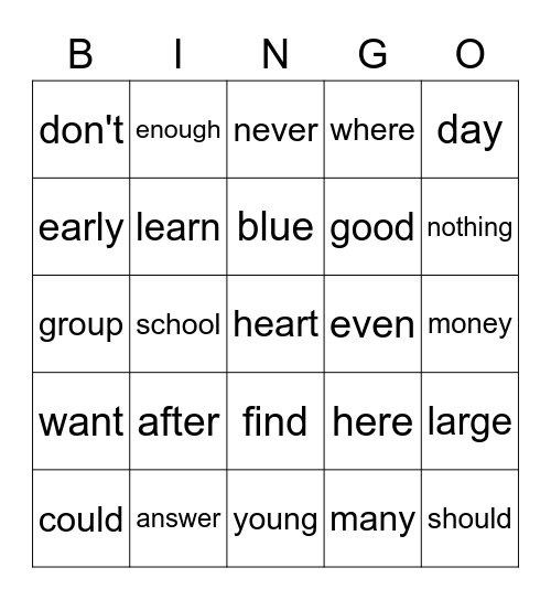 Sight Word Bingo Card