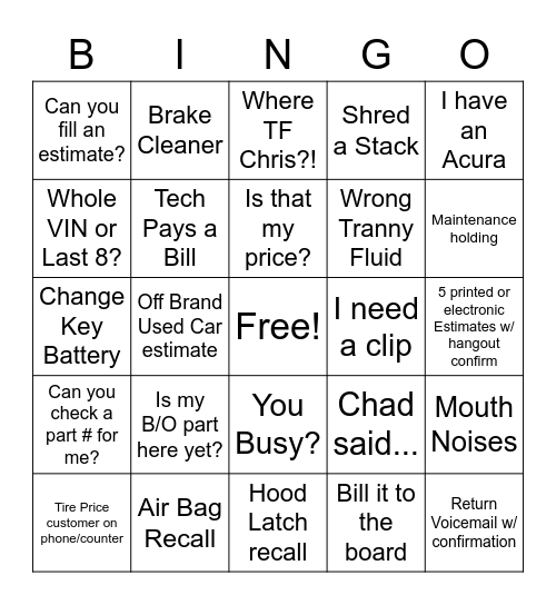 In - Maintenance holding / Out - I need a Bolt Bingo Card