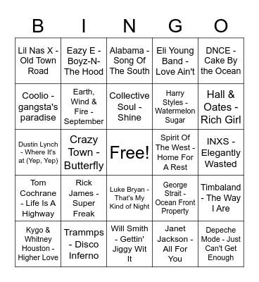 Rock & Roll Bingo Card