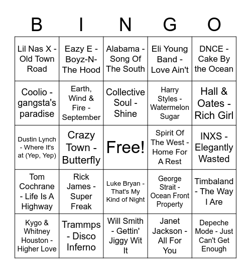Rock & Roll Bingo Card