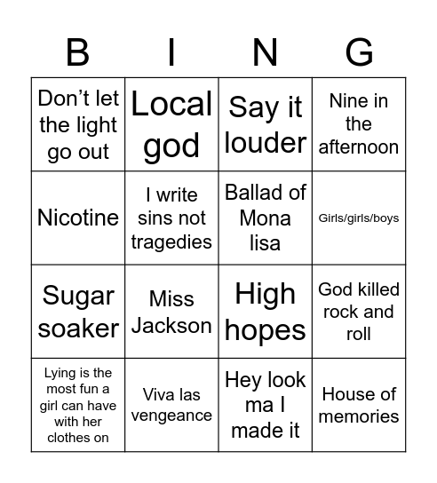 Bubby Don't Panic! Bingo Card