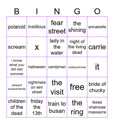 horror movie bingo Card