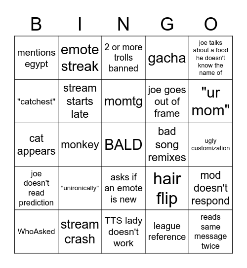 Subathon Bingo Card