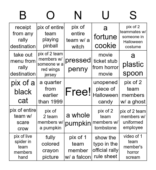 Road Rally Bingo Card