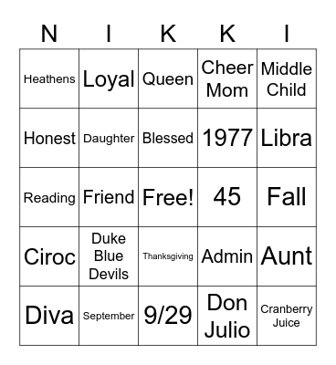 Nichole's 45th B-Day Bingo Card