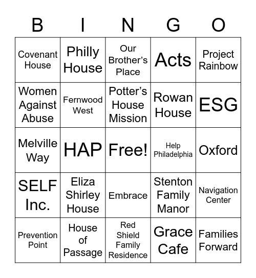 Office of Homeless Services Emergency and Temporary Housing Bingo Card