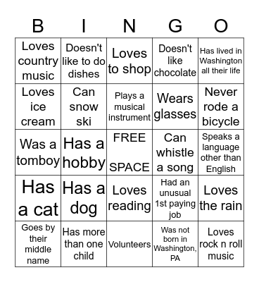 "Getting to Know You" Bingo Card