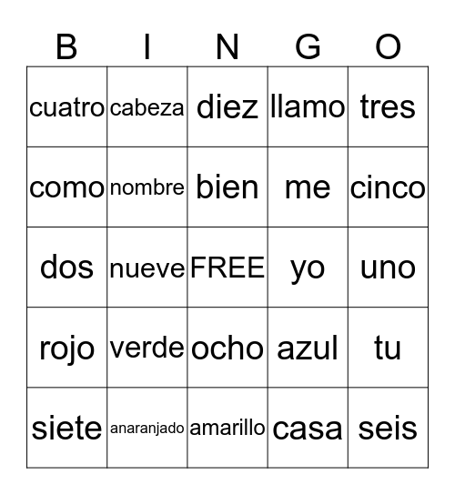 We Know These Spanish Words!! Bingo Card