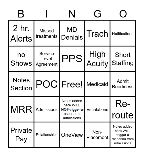 Admit Ready! Bingo Card