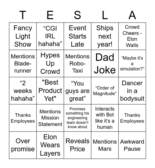 Tesla Cybertruck Event Bingo Card