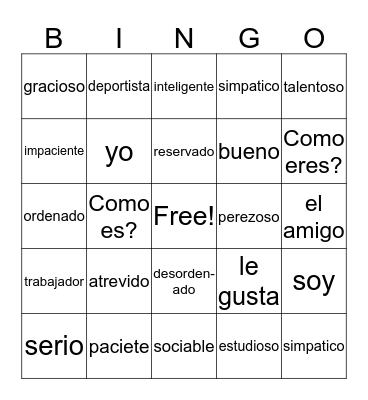 Spanish Vocabulary Bingo Card