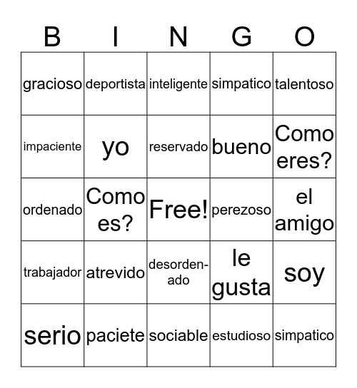 Spanish Vocabulary Bingo Card