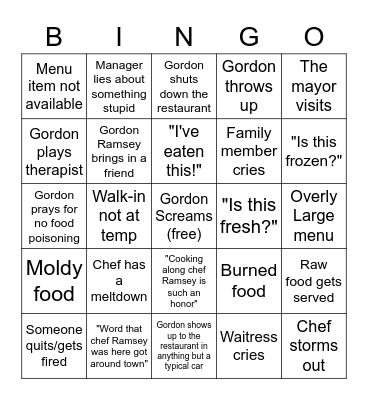 Kitchen Nightmare Bingo Card