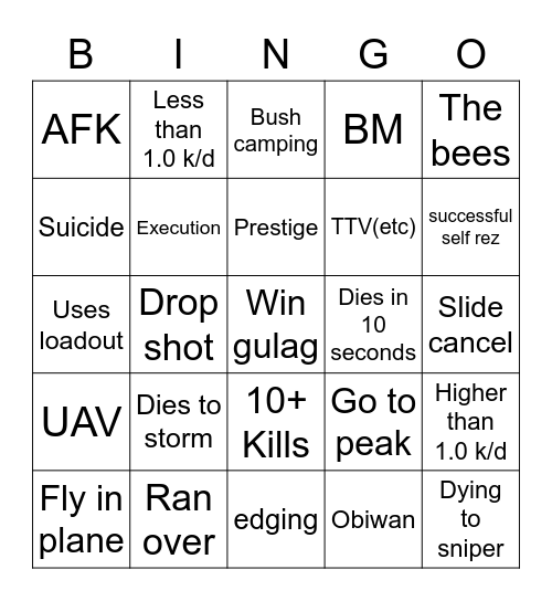 Caldera warzone bingo Card