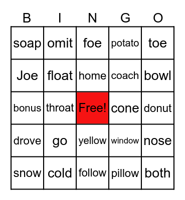 Long "O" Words Bingo Card
