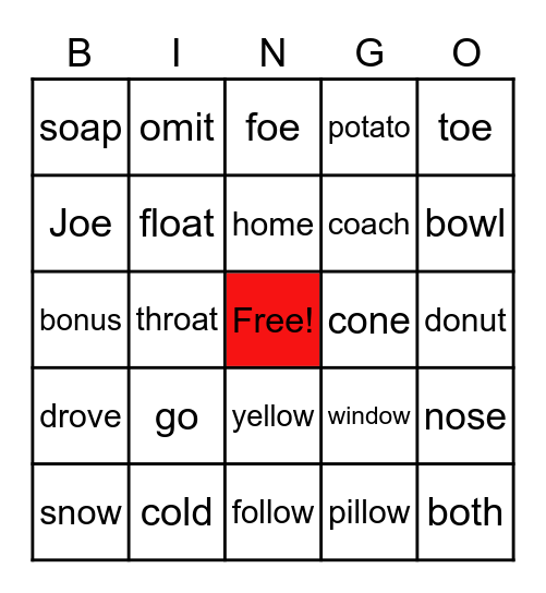 Long "O" Words Bingo Card