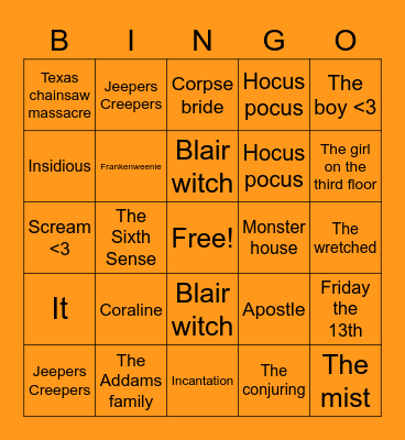 Halloween Movie bingo Card
