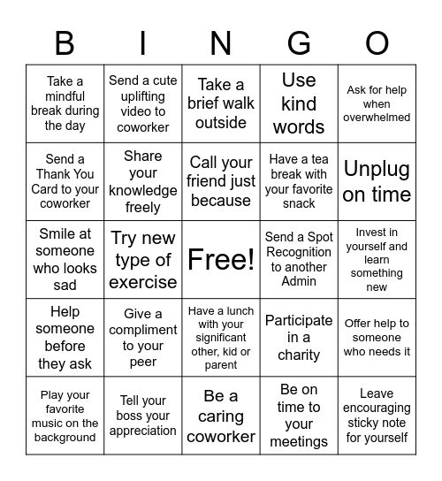 Be Kind to Yourself and Others Bingo Card