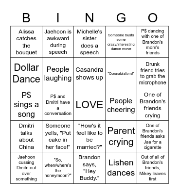 Wedding Reception Bingo Card