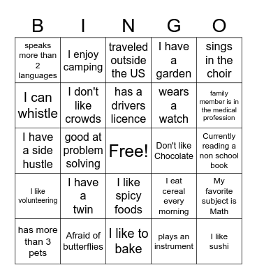 Getting to know you - Bingo Card