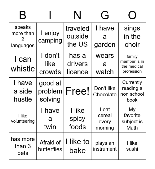 Getting to know you - Bingo Card