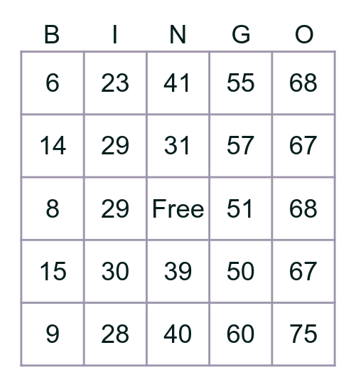 Number Bingo 1-75 Bingo Card