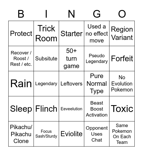 Pokemon Showdown Random Battles Bingo Card