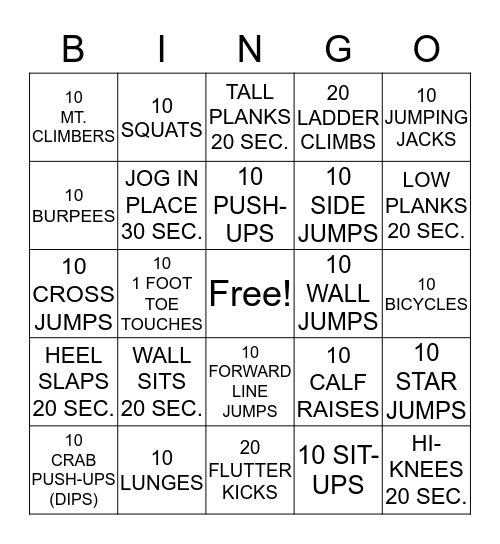 Activity Bingo Card