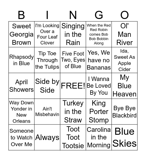 Popular Songs of the 1920's Bingo Card