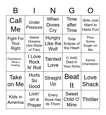 80s Music Bingo Card