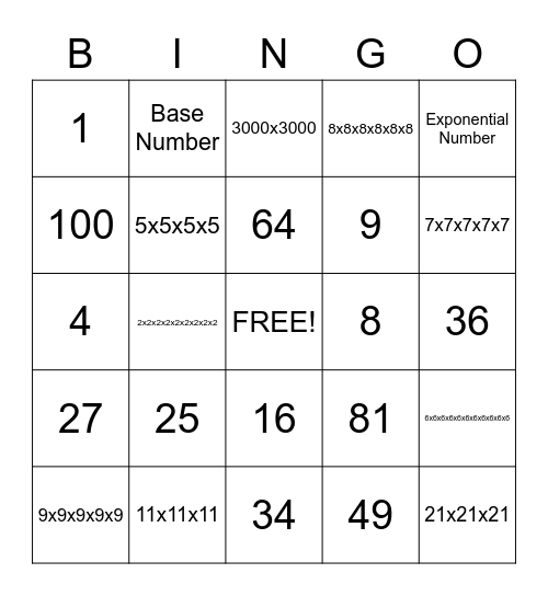 Exponent Bingo Card