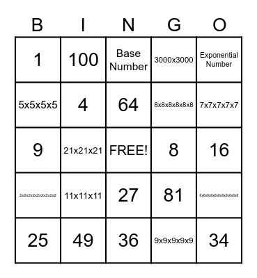 Exponent Bingo Card