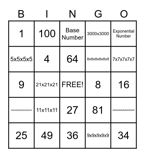 Exponent Bingo Card