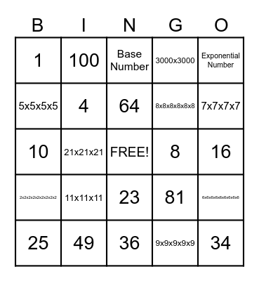 Exponent Bingo Card
