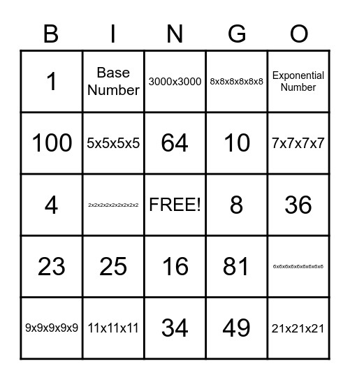 Exponent Bingo Card