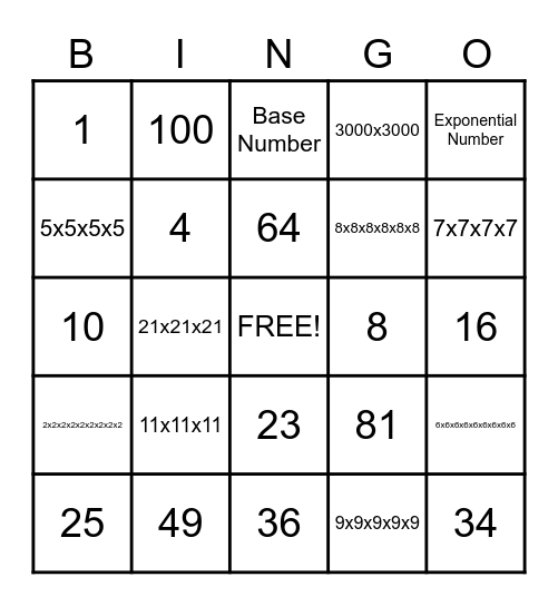 Exponent Bingo Card