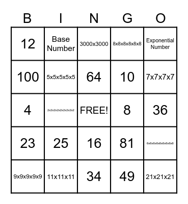 Exponent Bingo Card