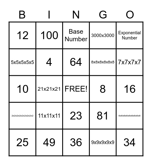 Exponent Bingo Card