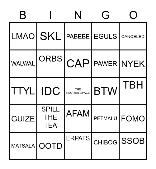 SOCIAL MEDIA SLANG WORDS Bingo Card