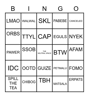 SOCIAL MEDIA SLANG WORDS Bingo Card