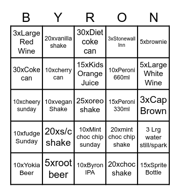 Byron Bar Bingo Card