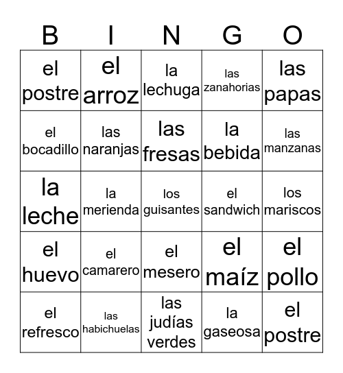 REPASO-LA COMIDA  Bingo Card