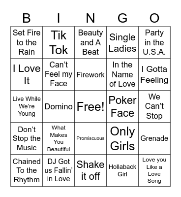 Pop Music Bingo Card